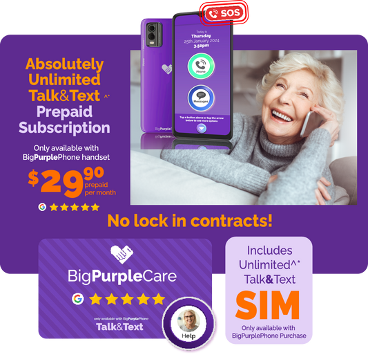BigPurplePhone Talk&Text monthly subscription plan image showing simple phone features and affordable $29.90 pricing for seniors.