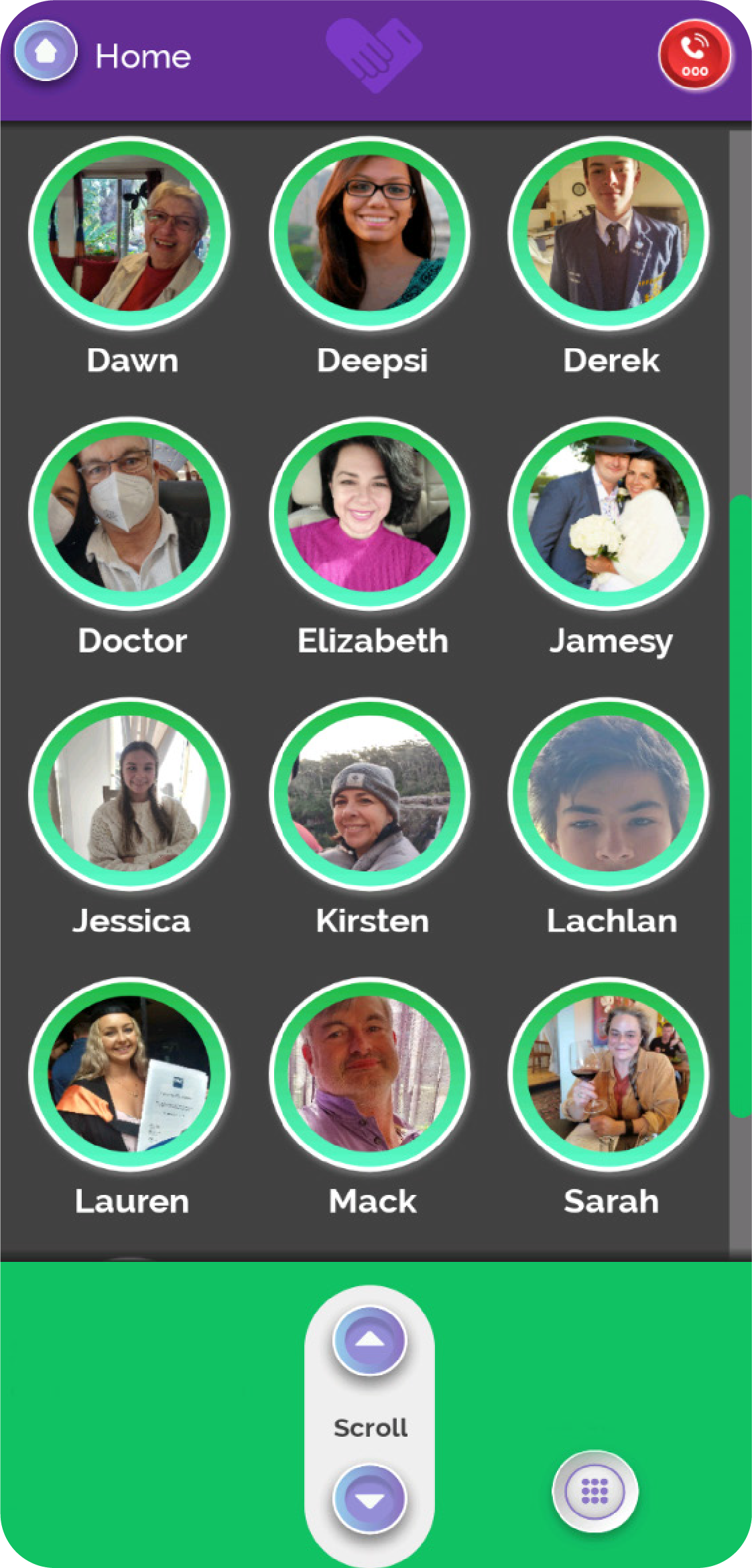 A image of the contact screen showing contacts in image form, three across the screen