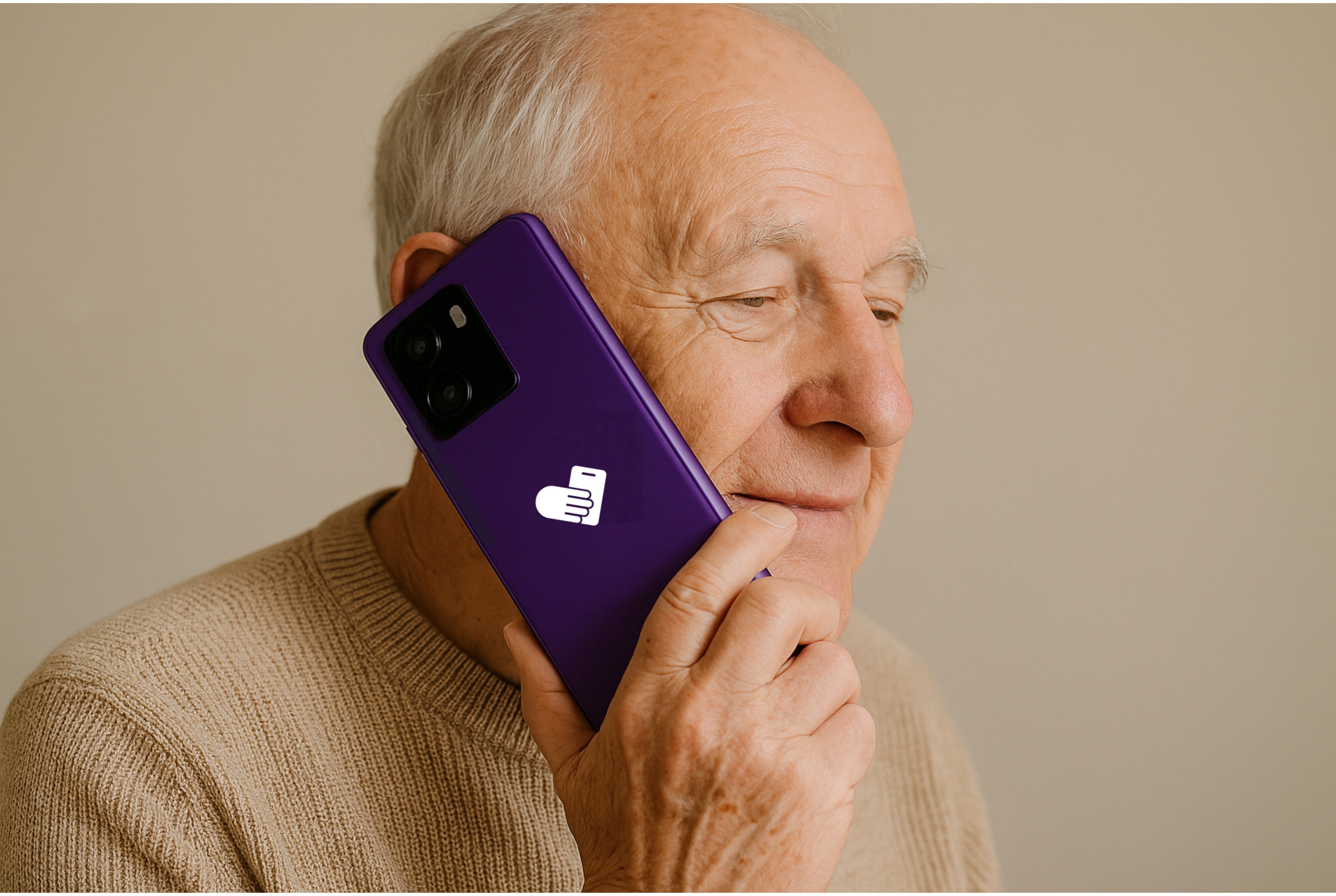 Man holding a BigPurplePhone to his ear with a logo on the screen against a beige background