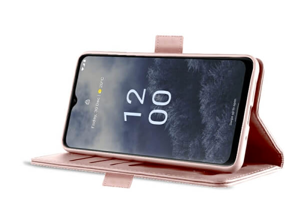 BigPurplePhone pink wallet case with hands-free stand feature, ideal for watching videos or video calls.