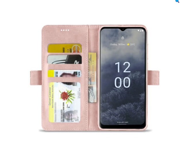 BigPurplePhone case in rose pink with fold-out stand, designed for easy viewing and accessibility.