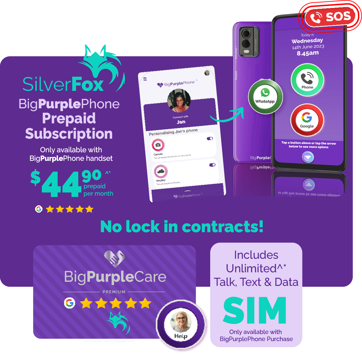 BigPurplePhone SilverFox monthly subscription visual highlighting smart features, SOS button, carer support, and $44.90 prepaid pricing.