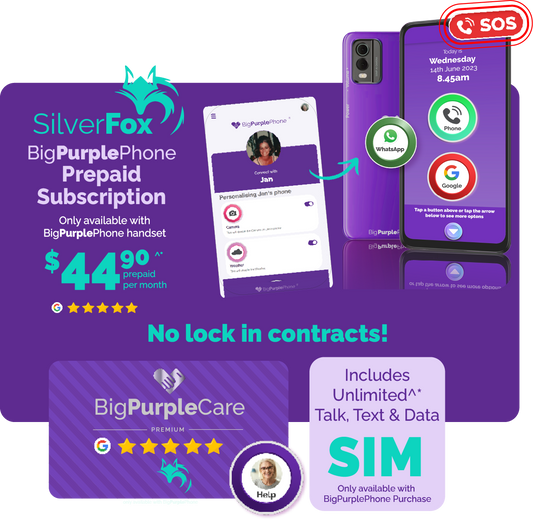 BigPurplePhone SilverFox monthly subscription visual highlighting smart features, SOS button, carer support, and $44.90 prepaid pricing.