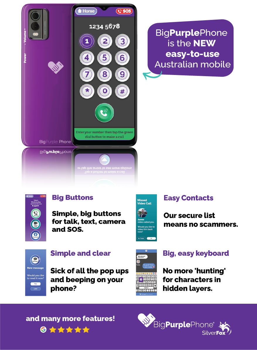 BigPurplePhone SilverFox demo kit with key features like large buttons, scam protection, easy contacts, and a clear display.