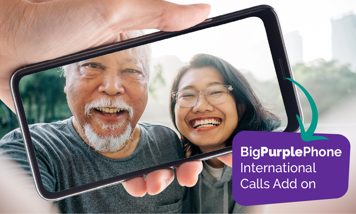 BigPurplePhone international calls add-on lets seniors easily connect with loved ones overseas via video or voice.