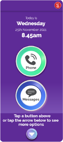 BigPurplePhone home screen showing Phone and Messages and SOS icons