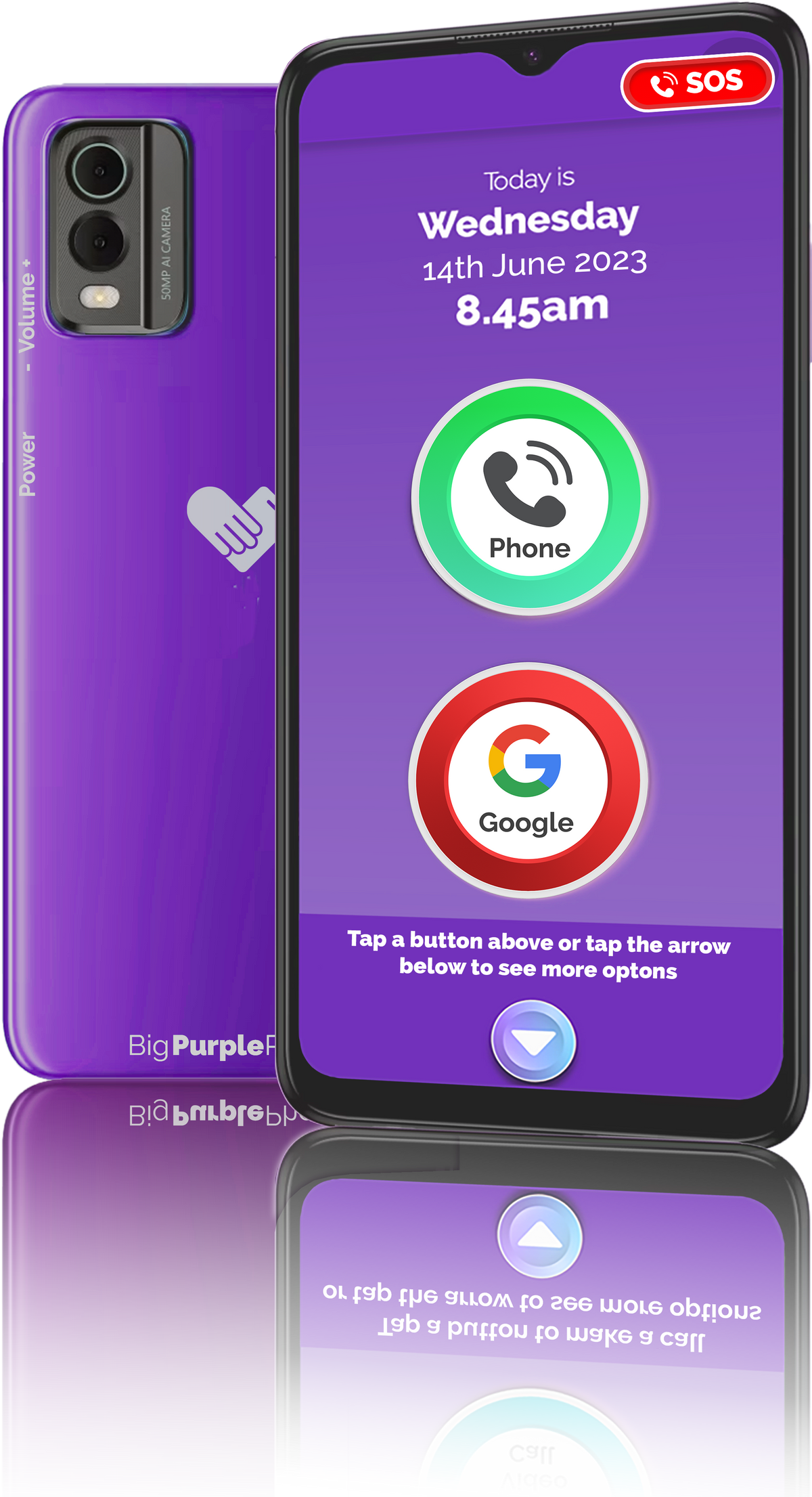 BigPurplePhone SilverFox demonstration phone showing large icons and SOS button—perfect for seniors testing before purchase.